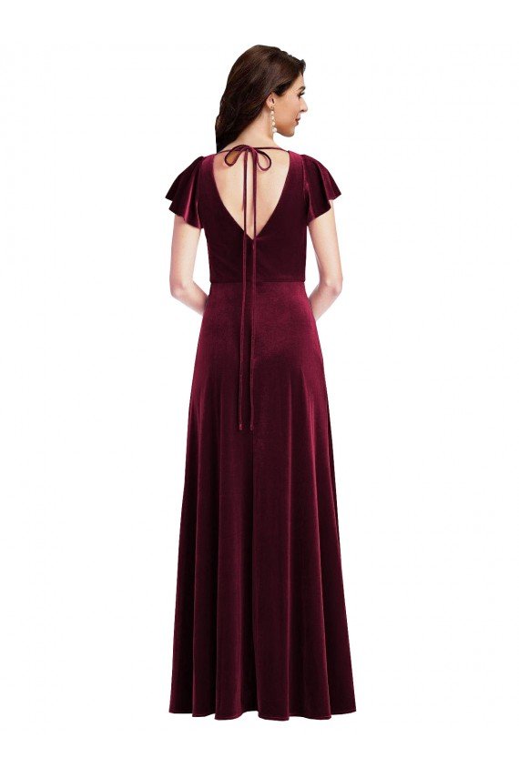 Best Flutter Sleeve Velvet Maxi Prom Dress with Pockets UK
