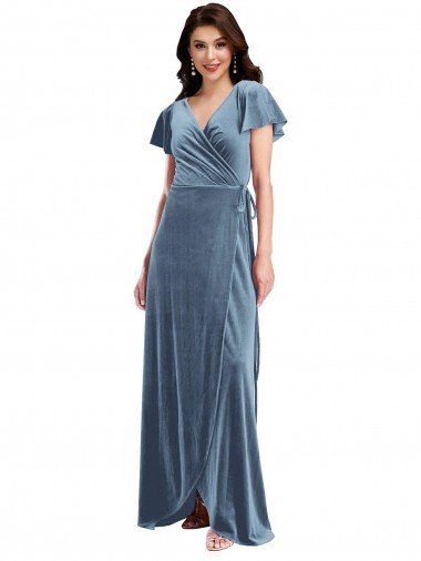 Best Flutter Sleeve Velvet Wrap Maxi Prom Dress with Pockets UK
