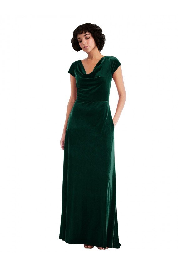 Best Cowl Neck Cap Sleeve Velvet Maxi Prom Dress with Pockets UK