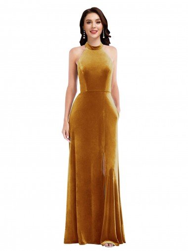 Best High-Neck Halter Velvet Maxi Prom Dress with Front Slit UK