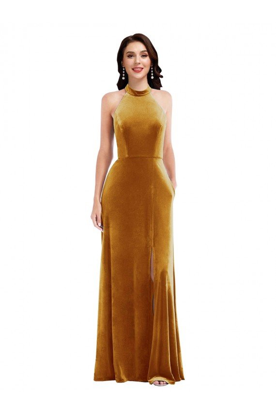 Best High-Neck Halter Velvet Maxi Prom Dress with Front Slit UK