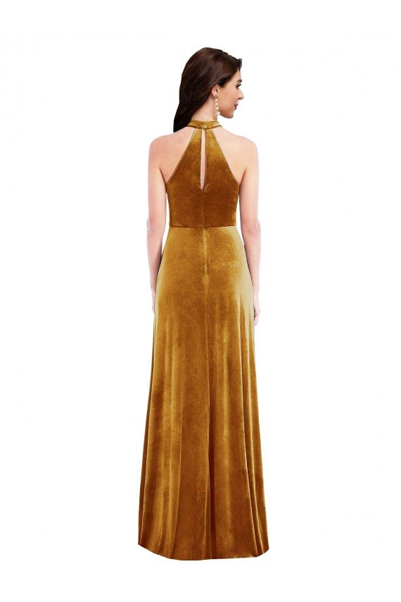 Best High-Neck Halter Velvet Maxi Prom Dress with Front Slit UK