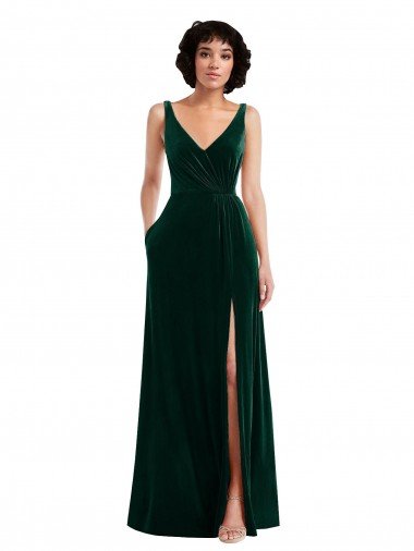 Best Floor Length Velvet Maxi Prom Dress with Shirred Bodice and Front Slit UK