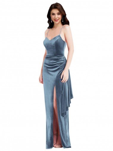 Best Spaghetti Strap Velvet Maxi Prom Dress with Draped Skirt UK