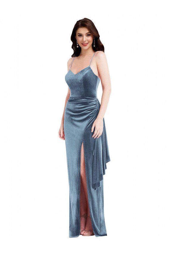 Best Spaghetti Strap Velvet Maxi Prom Dress with Draped Skirt UK