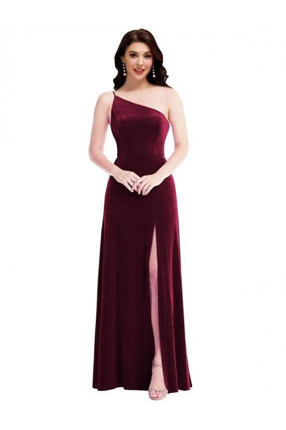 Best One Shoulder Spaghetti Strap Velvet Maxi Prom Dress with Pockets UK