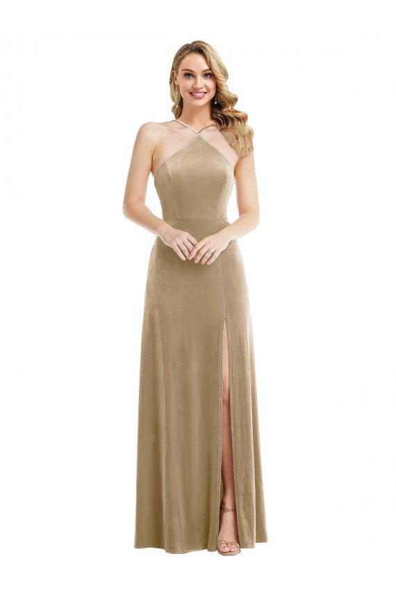Best High Neck Halter Open Back Long Velvet Maxi Prom Dress with Pockets UK
