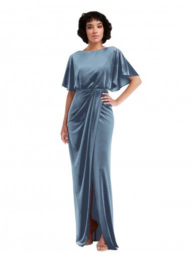 Best Flutter Sleeve Open Back Velvet Maxi Prom Dress with Pockets & Draped Wrap Skirt UK