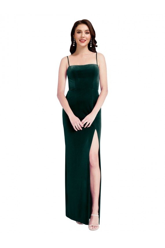 Best Straight Neckline Spaghetti Straps Long Velvet Prom Dress with High Side Slit UK