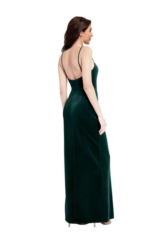 Best Straight Neckline Spaghetti Straps Long Velvet Prom Dress with High Side Slit UK