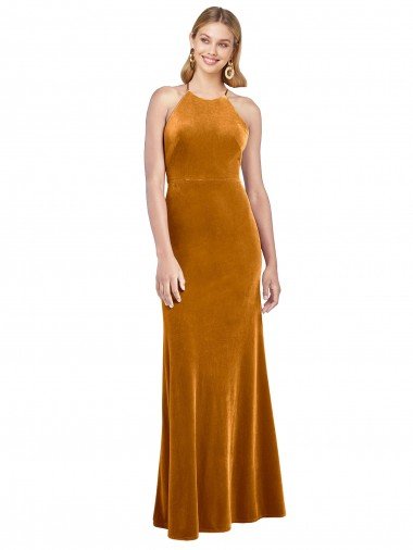 Best Halter Neckline Long Full Length Velvet Prom Dress with Strappy Back UK