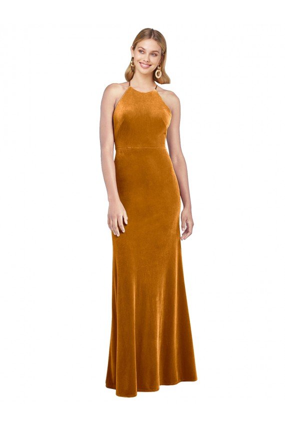 Best Halter Neckline Long Full Length Velvet Prom Dress with Strappy Back UK