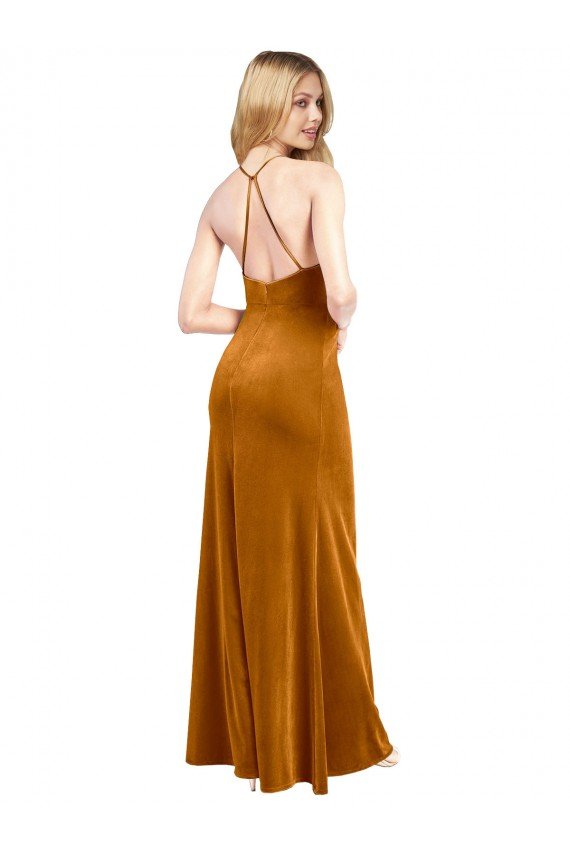 Best Halter Neckline Long Full Length Velvet Prom Dress with Strappy Back UK