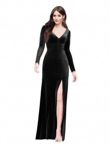 Best Long Sleeves Velvet Prom Dress with V-Neckline and Thigh Slit UK