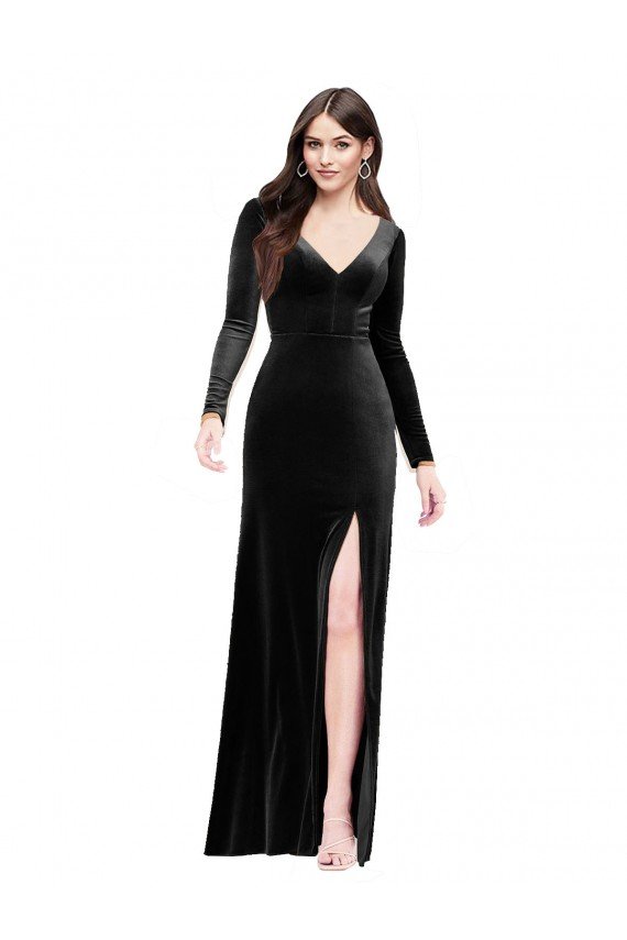 Best Long Sleeves Velvet Prom Dress with V-Neckline and Thigh Slit UK