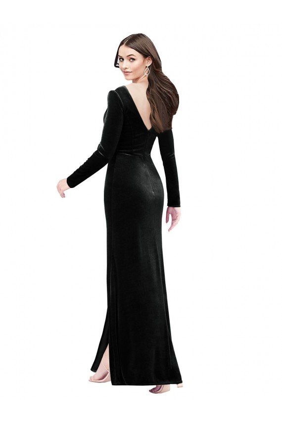 Best Long Sleeves Velvet Prom Dress with V-Neckline and Thigh Slit UK