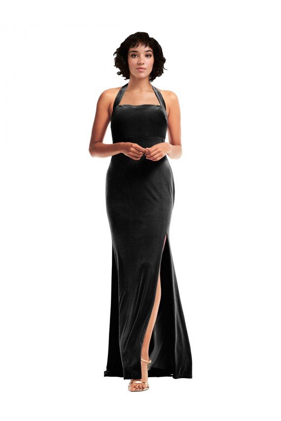 Best Empire Waist Stretch Velvet Prom Dress with Halter Strap UK