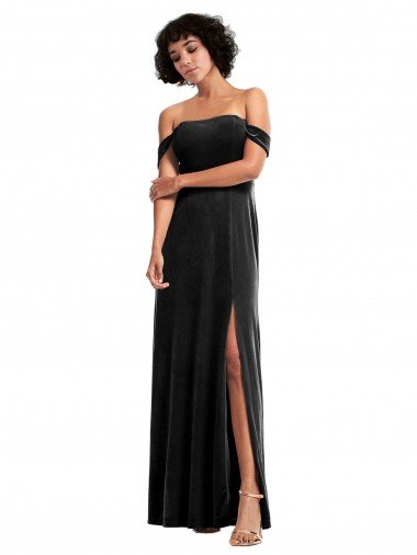 Best Off the Shoulder Drapped Sleeves Stretch Velvet Prom Dress UK
