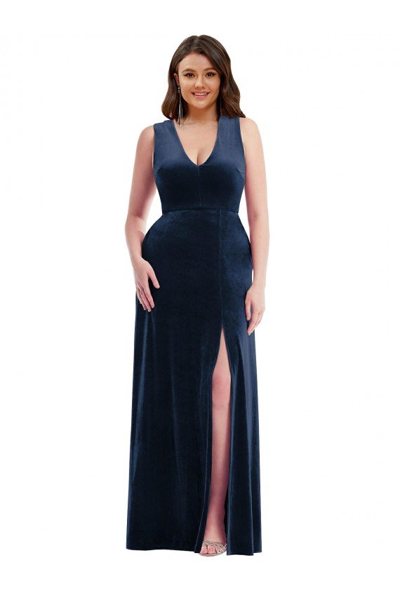 Best Deep V-Neck Sleeveless Velvet Maxi Prom Dress with Pockets UK
