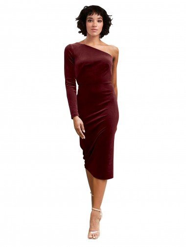 Best One Shoulder Fitted Short Midi Length Velvet Prom Dress UK