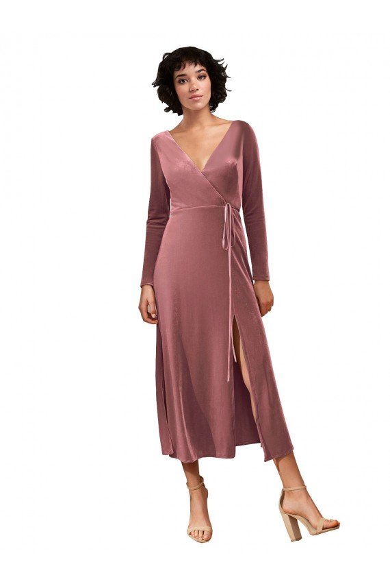 Best Long Sleeve Velvet Faux Wrap Midi Length Prom Dress UK