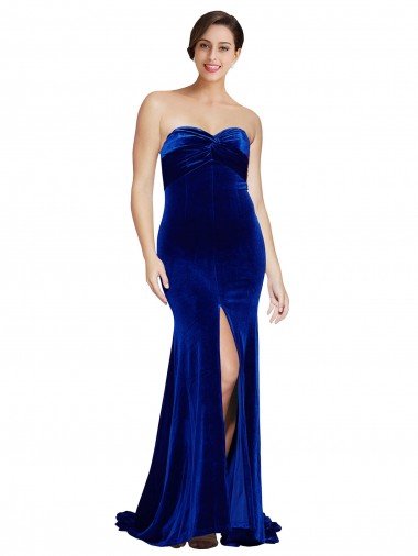 Best Strapless Ruched Velvet Prom Dress with Sweep Train and Front Slit UK