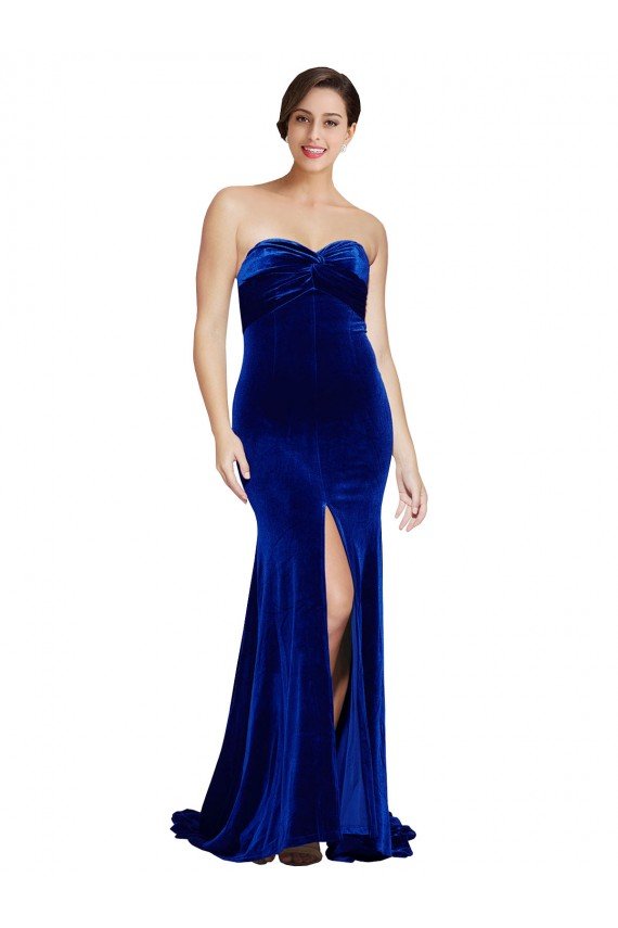 Best Strapless Ruched Velvet Prom Dress with Sweep Train and Front Slit UK