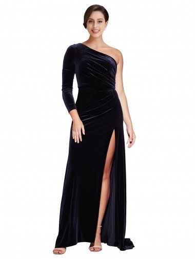 Best One Sleeve Long Velvet Prom Dress with Thigh High Split UK