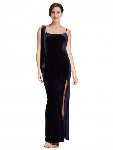 Best Long Velvet Prom Dress with Side Thigh Split and Shoulder Tie UK