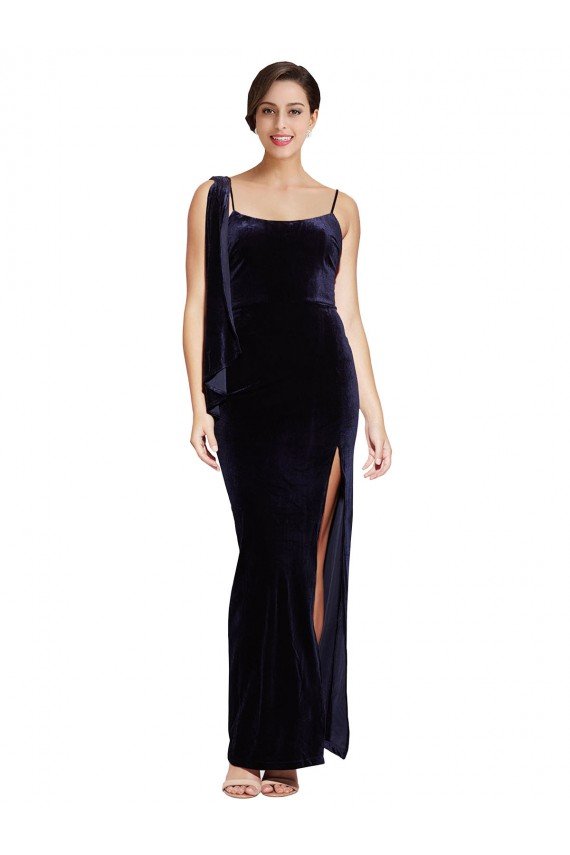 Best Long Velvet Prom Dress with Side Thigh Split and Shoulder Tie UK