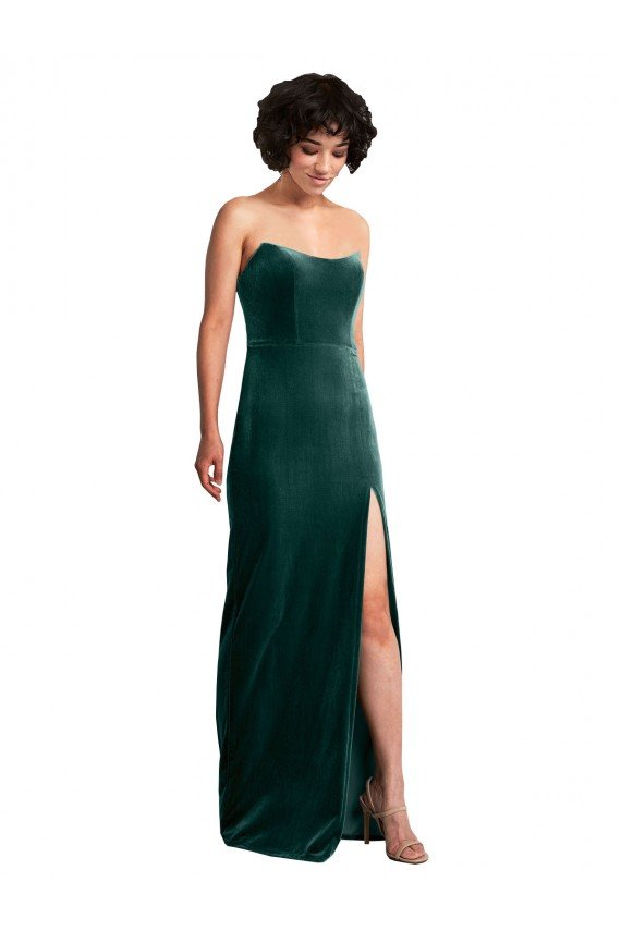 Best Scooped Strapless Long Velvet Prom Dress with Daring Side Slit UK